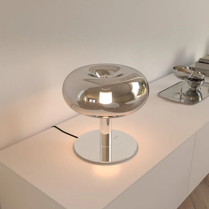 Lampa stołowa LED z okrągłym grzybkowym kloszem ze szkła i metalu, ściemniana dotykowo