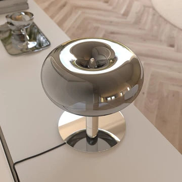 Lampa stołowa LED z okrągłym grzybkowym kloszem ze szkła i metalu, ściemniana dotykowo