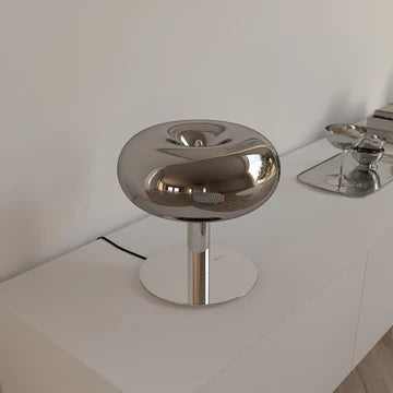 Lampa stołowa LED z okrągłym grzybkowym kloszem ze szkła i metalu, ściemniana dotykowo