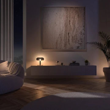 Lampa stołowa LED z okrągłym grzybkowym kloszem ze szkła i metalu, ściemniana dotykowo