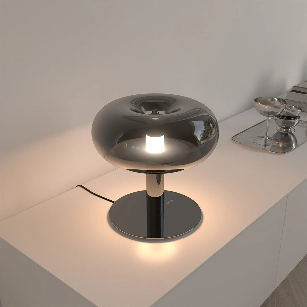 Lampa stołowa LED z okrągłym grzybkowym kloszem ze szkła i metalu, ściemniana dotykowo
