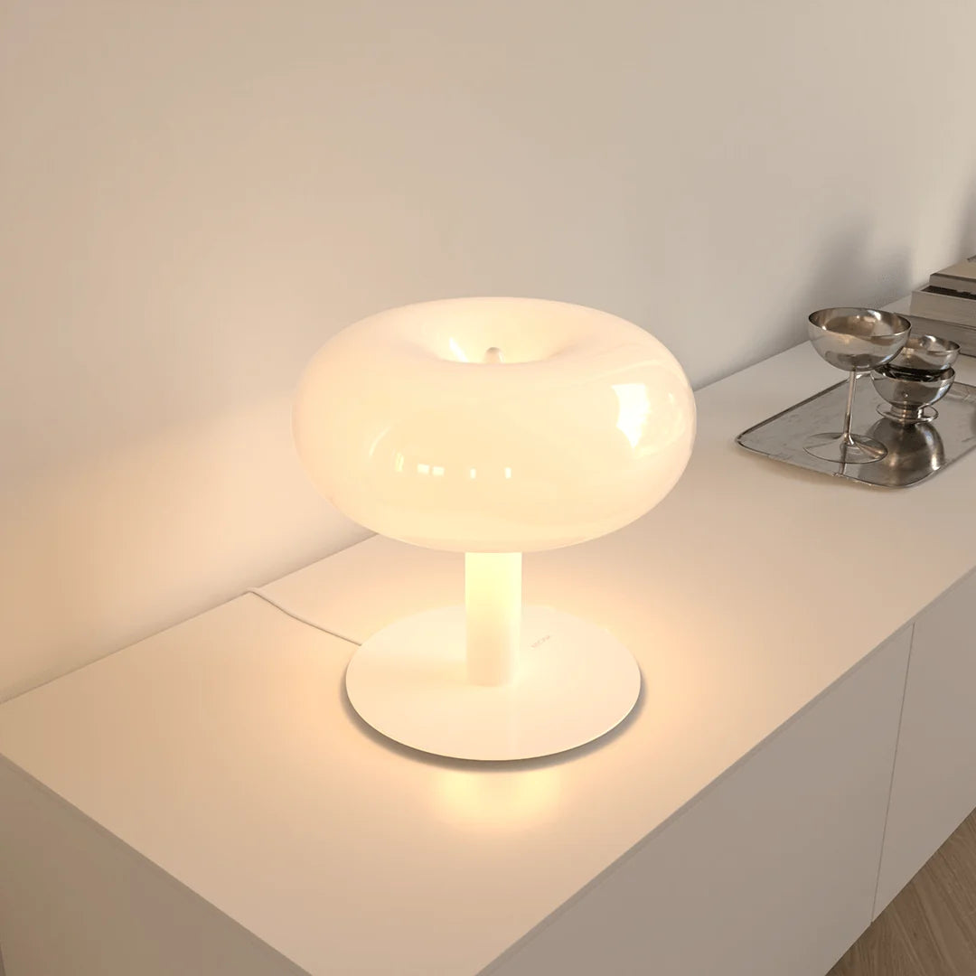 Lampa stołowa LED z okrągłym grzybkowym kloszem ze szkła i metalu, ściemniana dotykowo