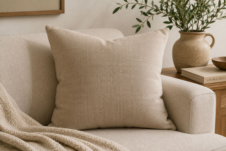 A square beige linen throw pillow resting on a light beige upholstered armchair, with a cream knit blanket draped over the arm and a rustic ceramic vase with greenery on a wooden side table in the background.