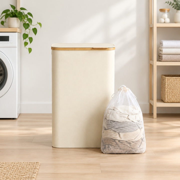 Kosz na Pranie z Pokrywą - Wąski, Składany, 65 L, Bambusowe Uchwyty, Wyjmowany Worek, 4 Kolory