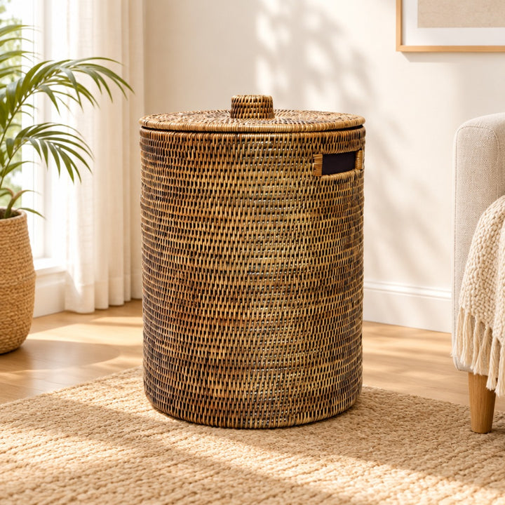 Kosz na Pranie Ręcznie Pleciony - Naturalny Rattan, Pokrywa z Uchwytem