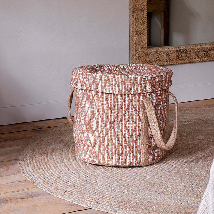 Kosz na Pranie z Juty z Pokrywą - Wzór Kilim, Uchwyty, Rdzawy i Naturalny