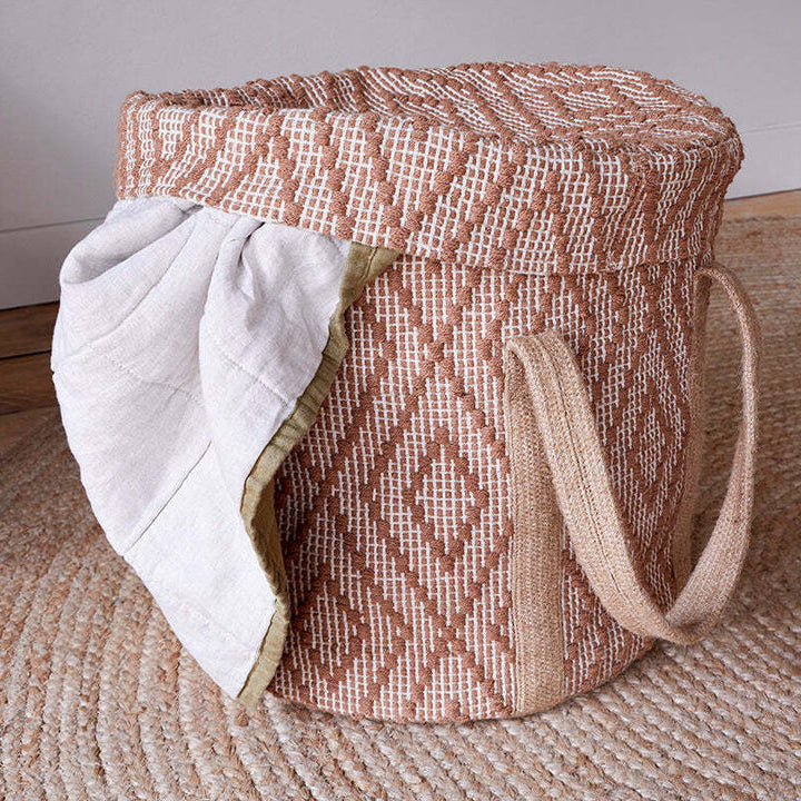 Kosz na Pranie z Juty z Pokrywą - Wzór Kilim, Uchwyty, Rdzawy i Naturalny