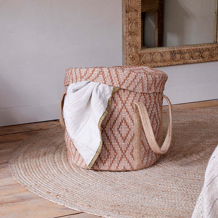 Kosz na Pranie z Juty z Pokrywą - Wzór Kilim, Uchwyty, Rdzawy i Naturalny