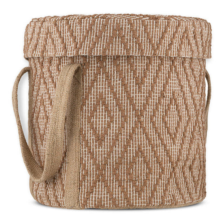 Kosz na Pranie z Juty z Pokrywą - Wzór Kilim, Uchwyty, Rdzawy i Naturalny