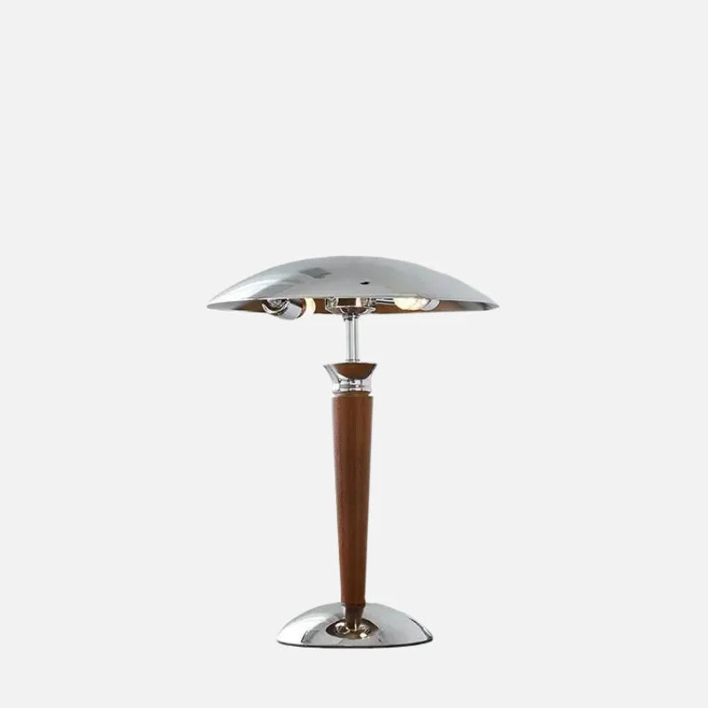 Lampa biurkowa z drewnianą nóżką i chromowanym kloszem - Styl retro, żarówka w zestawie