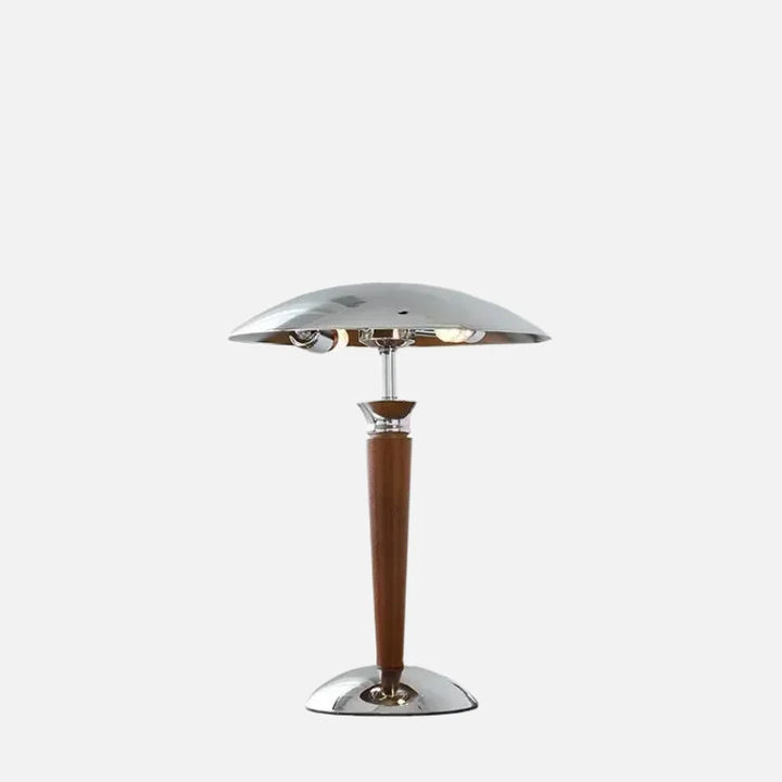 Lampa biurkowa z drewnianą nóżką i chromowanym kloszem - Styl retro, żarówka w zestawie