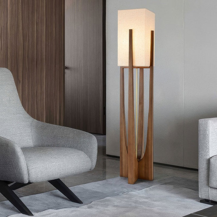 Lampa podłogowa w stylu japońskim - drewniana podstawa z abażurem