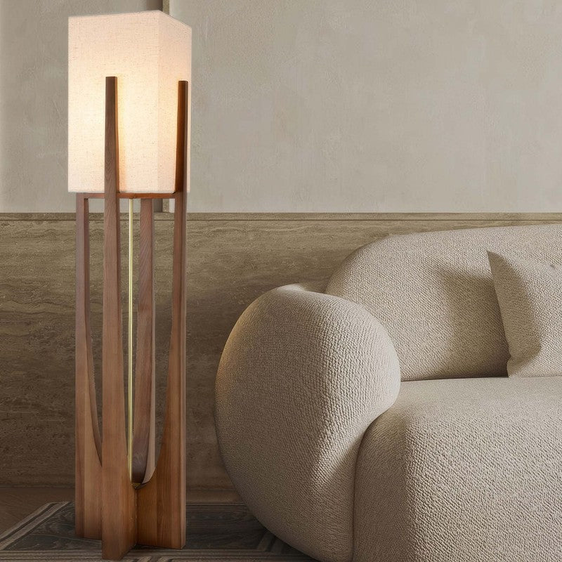 Lampa podłogowa w stylu japońskim - drewniana podstawa z abażurem