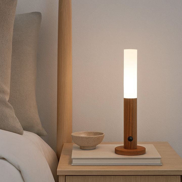 Lampa ścienna LED z czujnikiem ruchu - magnetyczna, akumulatorowa, drewniany uchwyt