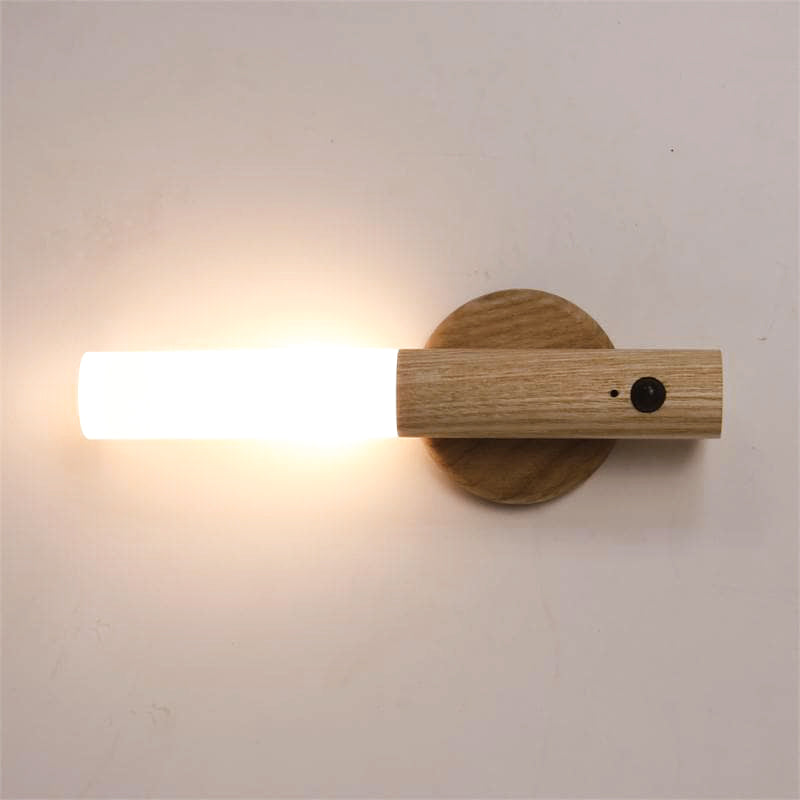 Lampa ścienna LED z czujnikiem ruchu - magnetyczna, akumulatorowa, drewniany uchwyt