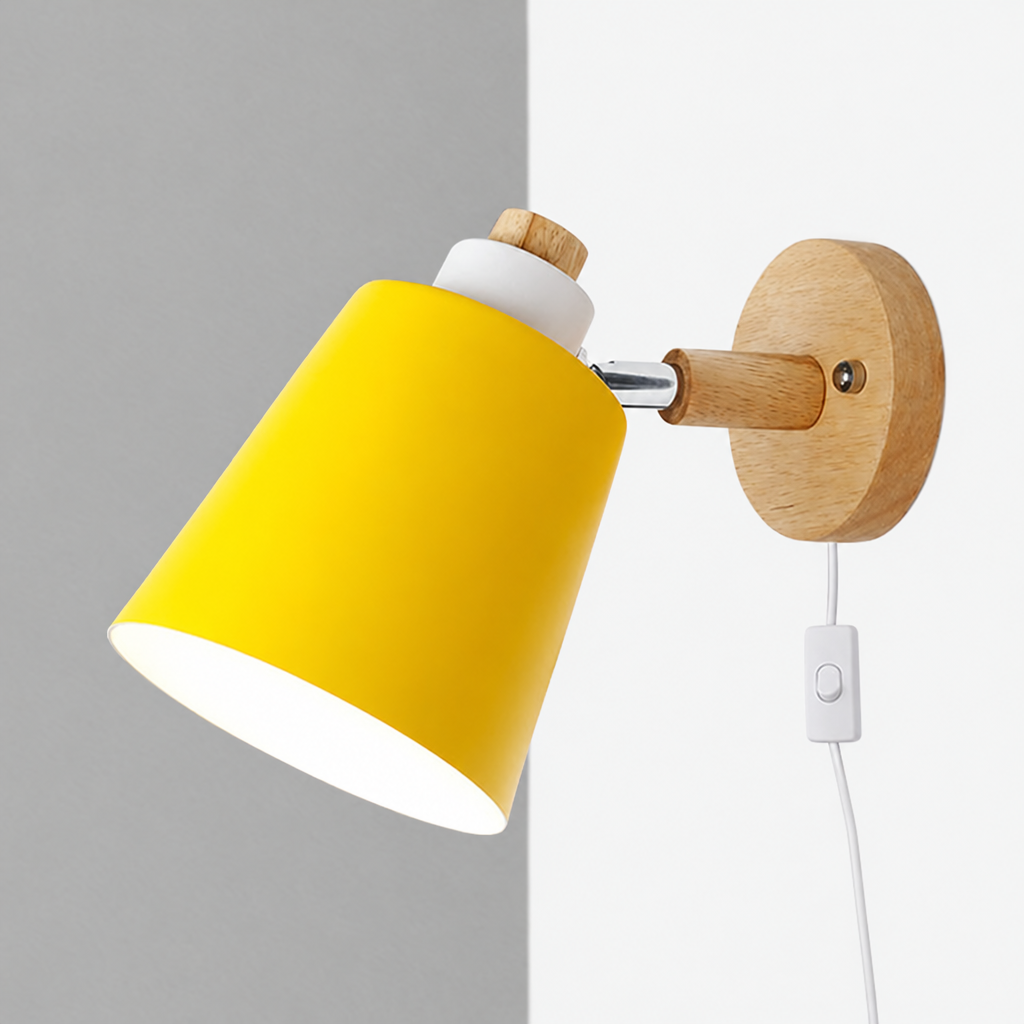 Lampa Ścienna z Obrotowym Kloszem - Metal i Drewno, Przewód z Włącznikiem, Do Czytania, Różne Kolory