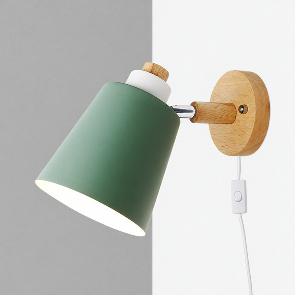 Lampa Ścienna z Obrotowym Kloszem - Metal i Drewno, Przewód z Włącznikiem, Do Czytania, Różne Kolory