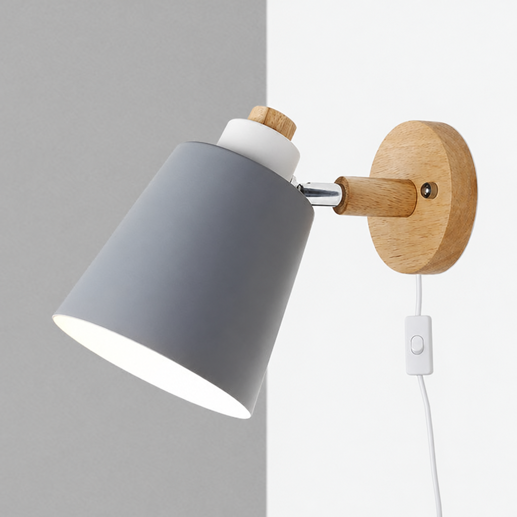 Lampa Ścienna z Obrotowym Kloszem - Metal i Drewno, Przewód z Włącznikiem, Do Czytania, Różne Kolory