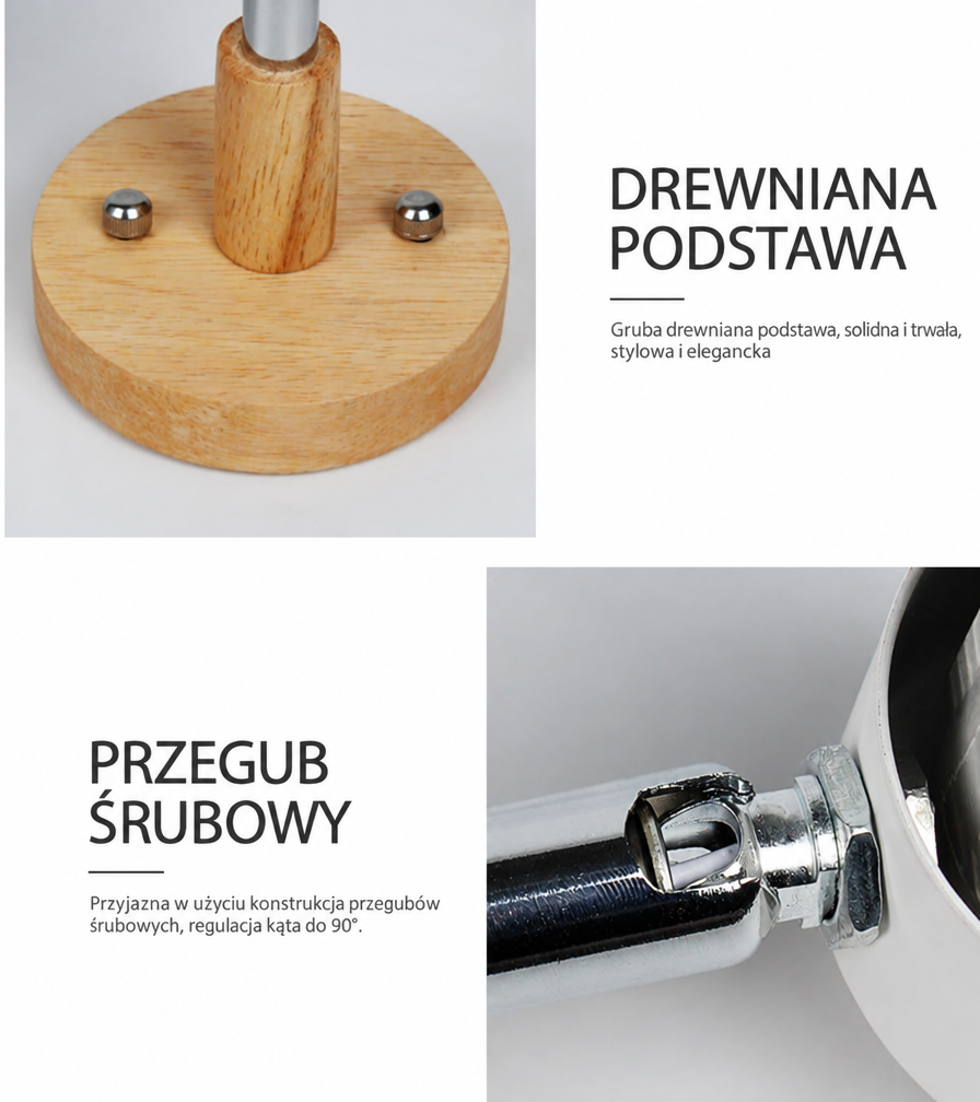 Lampa Ścienna z Obrotowym Kloszem - Metal i Drewno, Przewód z Włącznikiem, Do Czytania, Różne Kolory