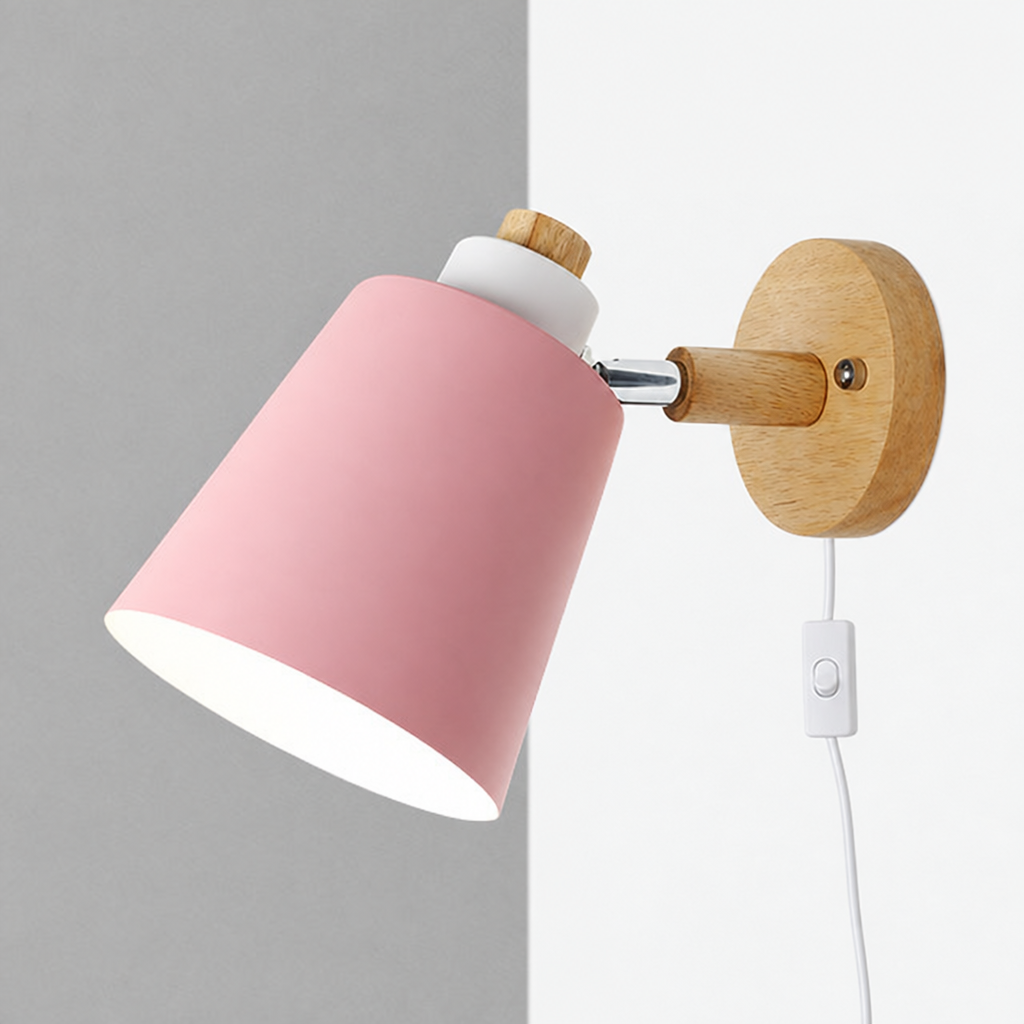 Lampa Ścienna z Obrotowym Kloszem - Metal i Drewno, Przewód z Włącznikiem, Do Czytania, Różne Kolory