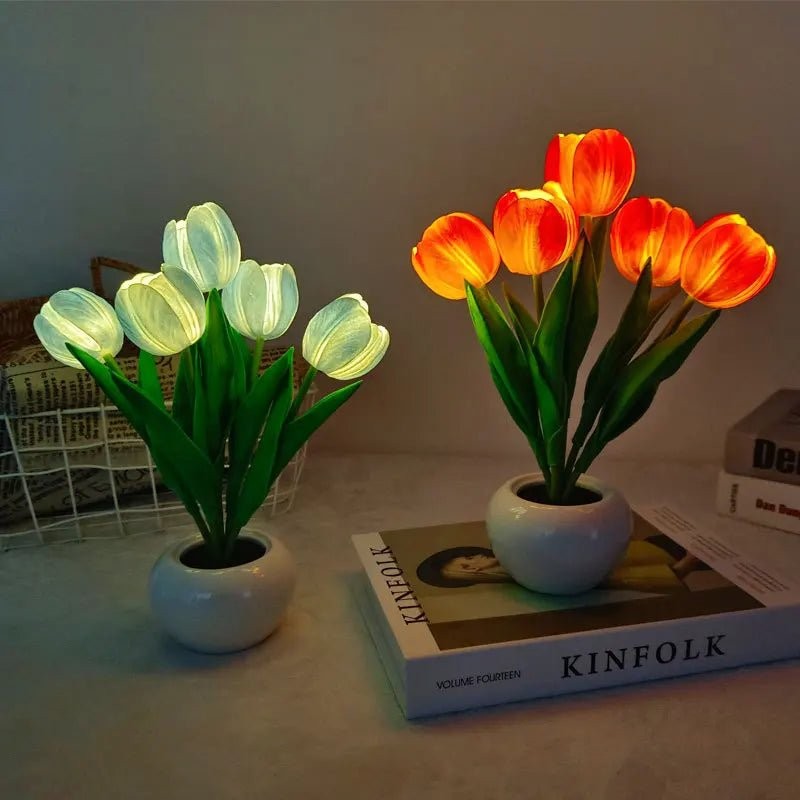 Lampa stołowa LED z tulipanami - Ceramiczna podstawa