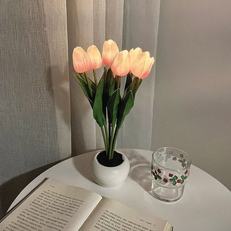 Lampa stołowa LED z tulipanami - Ceramiczna podstawa