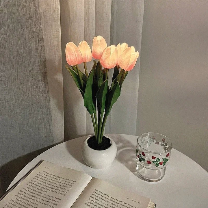 Lampa stołowa LED z tulipanami - Ceramiczna podstawa
