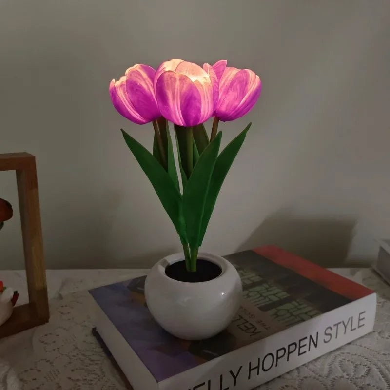 Lampa stołowa LED z tulipanami - Ceramiczna podstawa