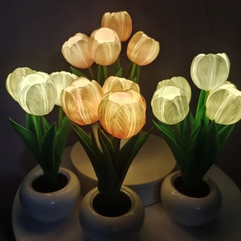 Lampa stołowa LED z tulipanami - Ceramiczna podstawa
