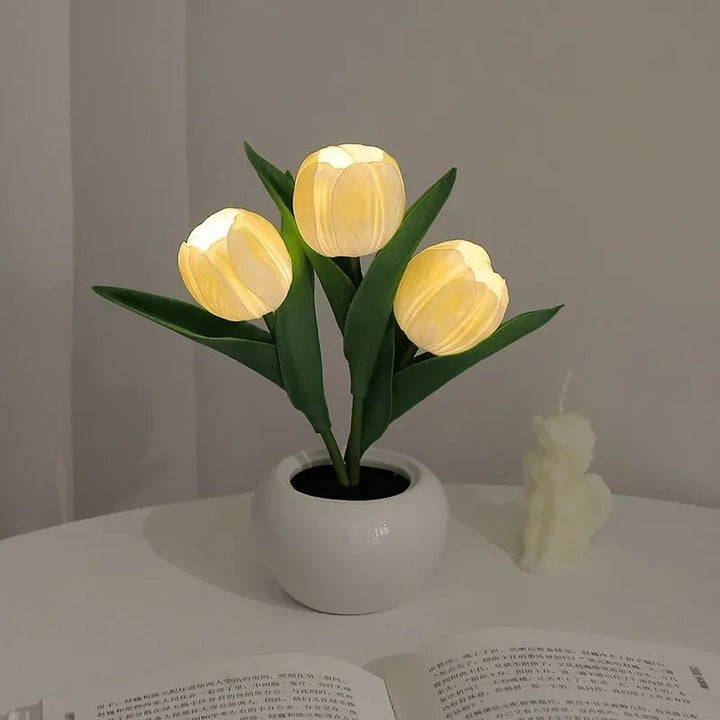 Lampa stołowa LED z tulipanami - Ceramiczna podstawa