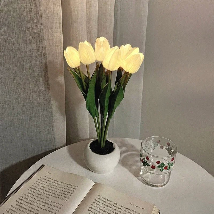 Lampa stołowa LED z tulipanami - Ceramiczna podstawa
