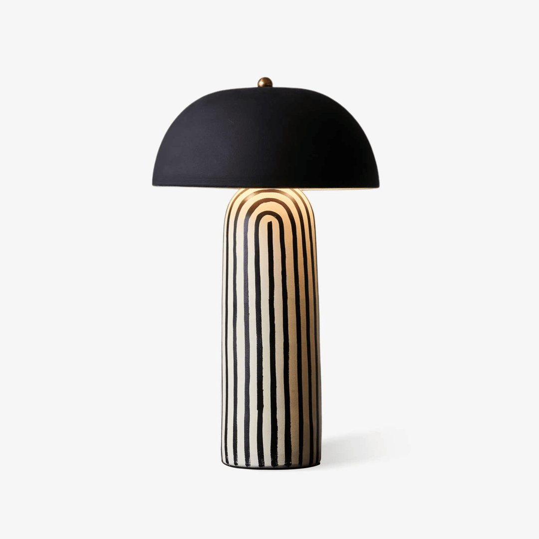 Lampa Stołowa - Czarny Klosz Kopułowy, Prążkowana Ceramiczna Podstawa