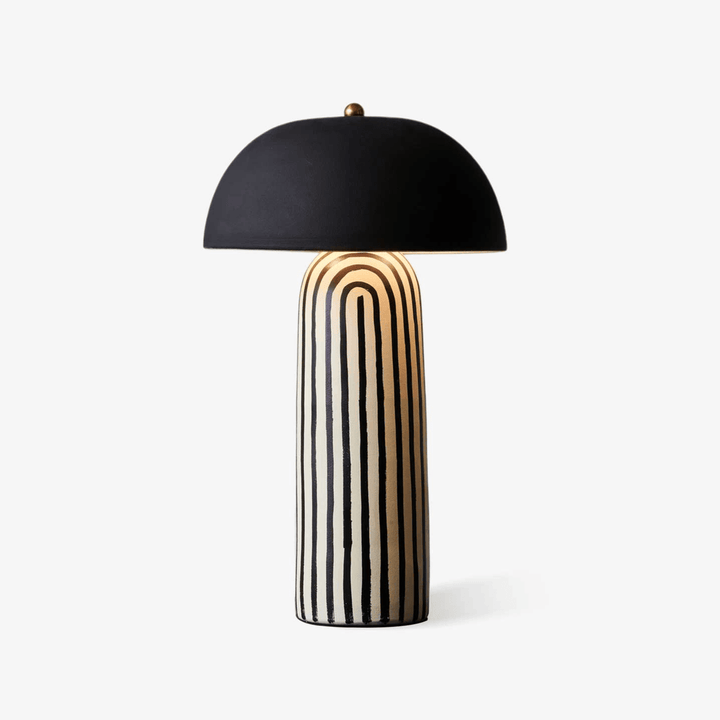 Lampa Stołowa - Czarny Klosz Kopułowy, Prążkowana Ceramiczna Podstawa