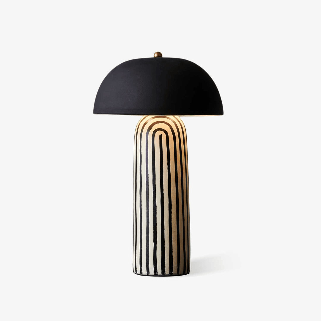 Lampa Stołowa - Czarny Klosz Kopułowy, Prążkowana Ceramiczna Podstawa