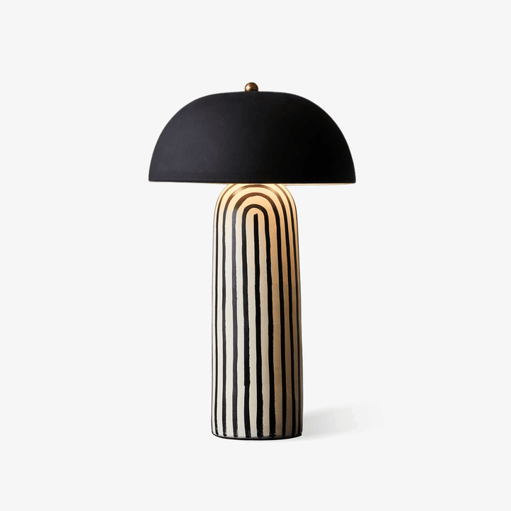 Lampa Stołowa - Czarny Klosz Kopułowy, Prążkowana Ceramiczna Podstawa