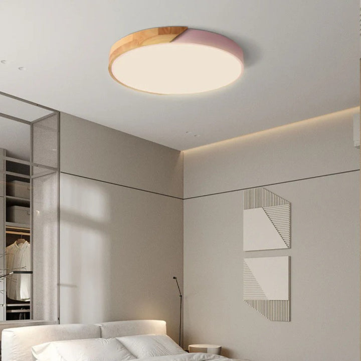 Lampa sufitowa LED - Okrągły kształt z akcentem drewna