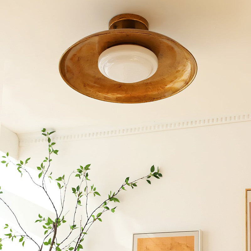 Lampa Sufitowa Półprzytwierdzana - Metalowy Dyszek z Białym Szkłem
