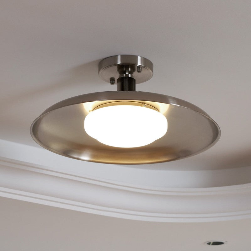 Lampa Sufitowa Półprzytwierdzana - Metalowy Dyszek z Białym Szkłem
