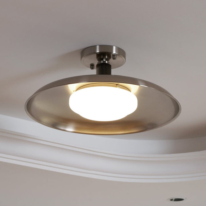 Lampa Sufitowa Półprzytwierdzana - Metalowy Dyszek z Białym Szkłem