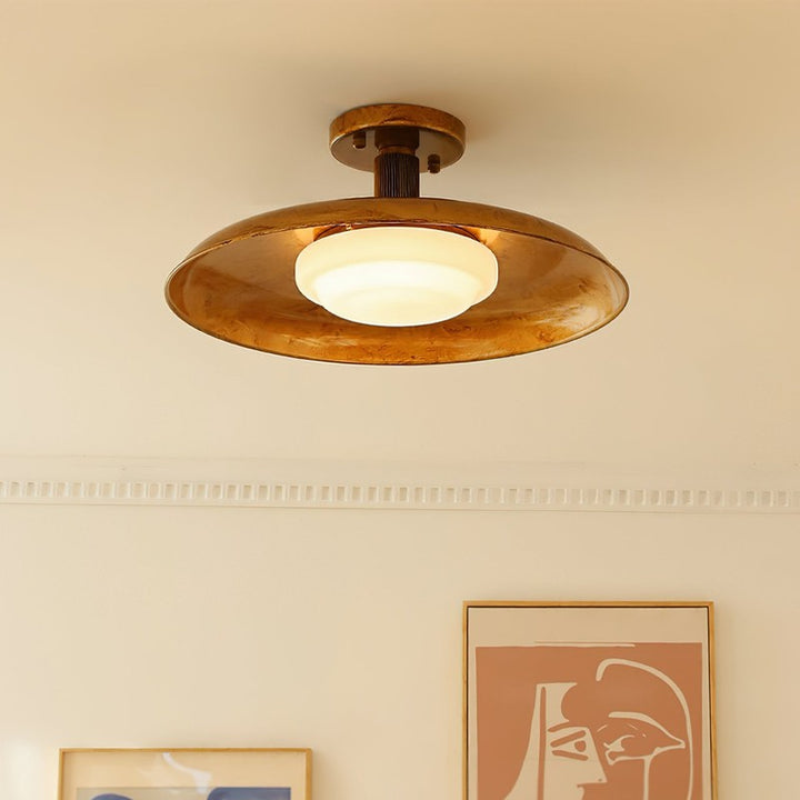 Lampa Sufitowa Półprzytwierdzana - Metalowy Dyszek z Białym Szkłem