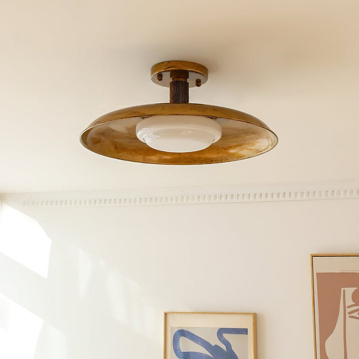 Lampa Sufitowa Półprzytwierdzana - Metalowy Dyszek z Białym Szkłem
