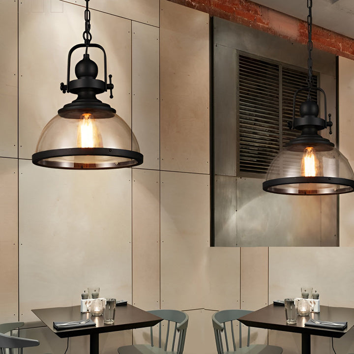 Lampa wisząca industrialna - szklany klosz w kształcie misy, czarna żelazna rama, gwint E27