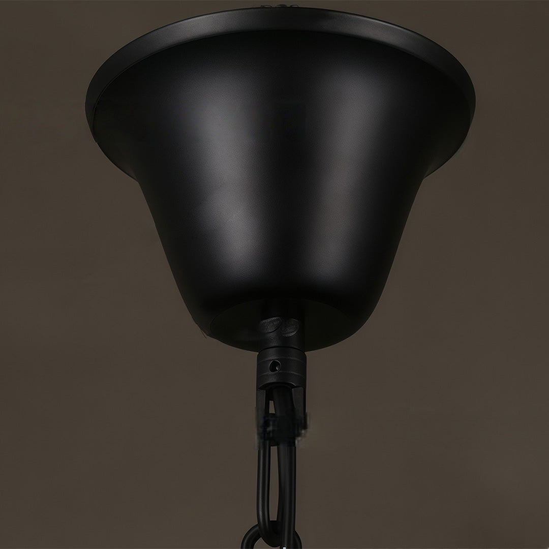 Lampa wisząca industrialna - szklany klosz w kształcie misy, czarna żelazna rama, gwint E27