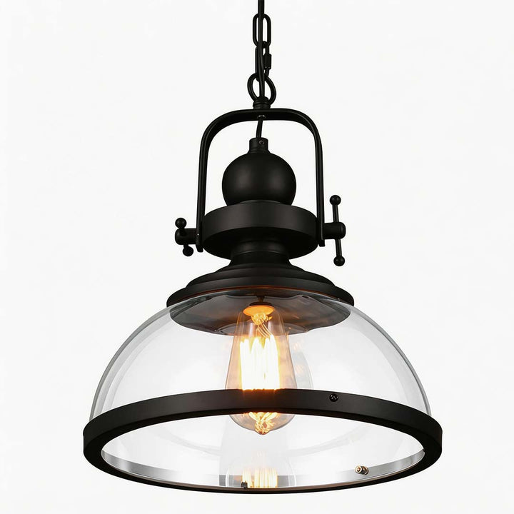 Lampa wisząca industrialna - szklany klosz w kształcie misy, czarna żelazna rama, gwint E27