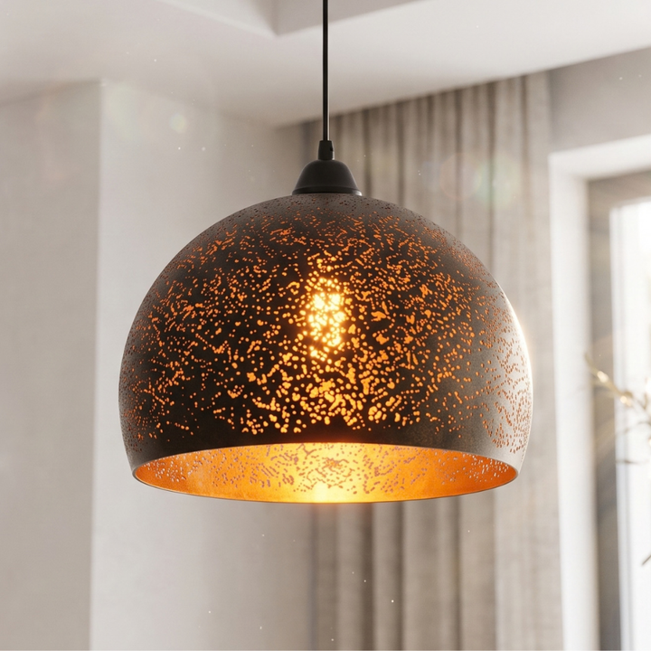 Lampa Wisząca Metalowa - Perforowany Abażur, Czarna z Miedzianym Wnętrzem, 7 Wzorów