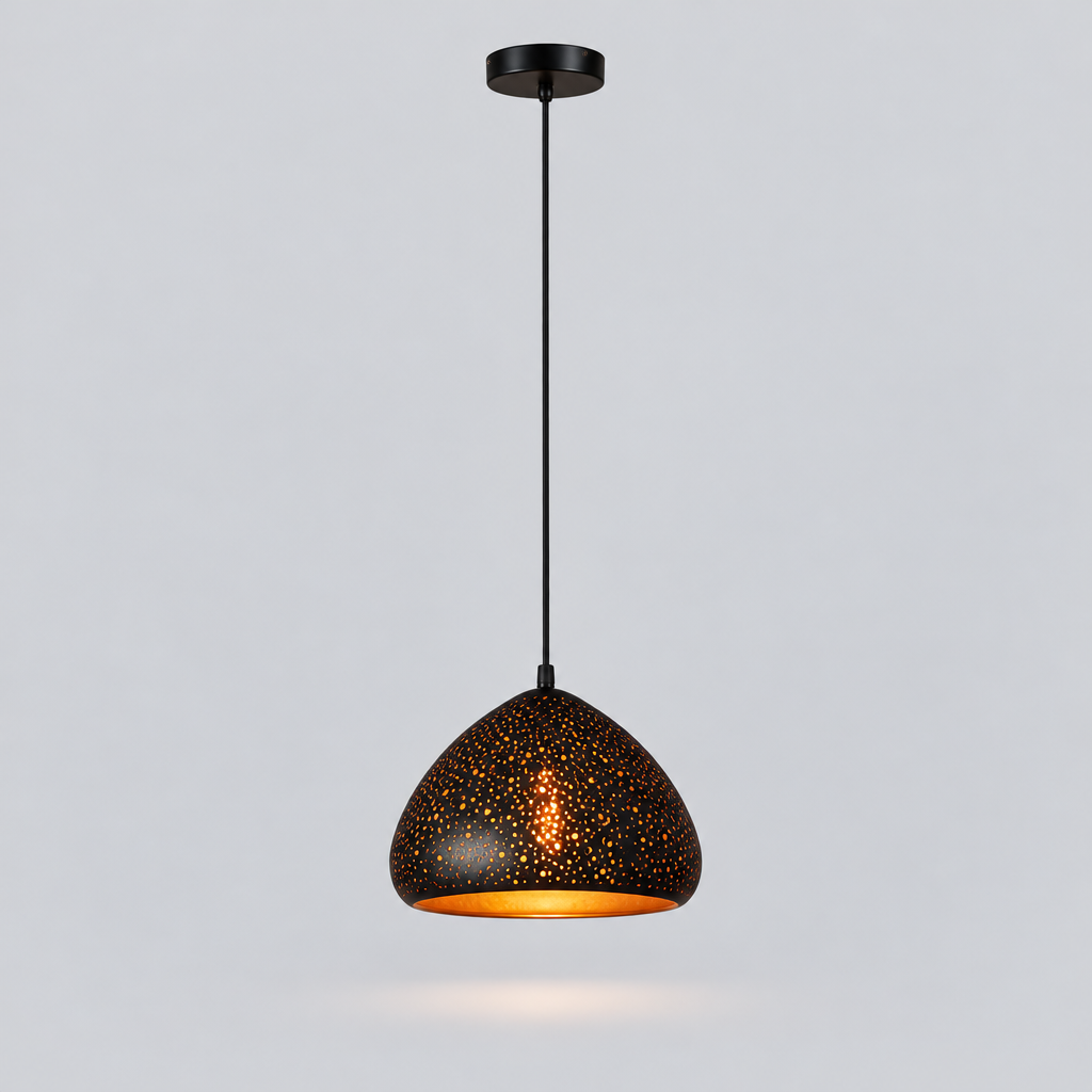 Lampa Wisząca Metalowa - Perforowany Abażur, Czarna z Miedzianym Wnętrzem, 7 Wzorów