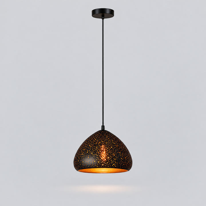 Lampa Wisząca Metalowa - Perforowany Abażur, Czarna z Miedzianym Wnętrzem, 7 Wzorów