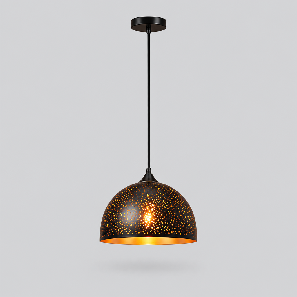 Lampa Wisząca Metalowa - Perforowany Abażur, Czarna z Miedzianym Wnętrzem, 7 Wzorów
