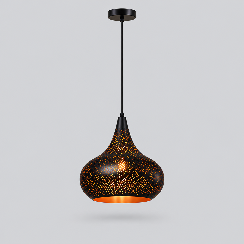 Lampa Wisząca Metalowa - Perforowany Abażur, Czarna z Miedzianym Wnętrzem, 7 Wzorów