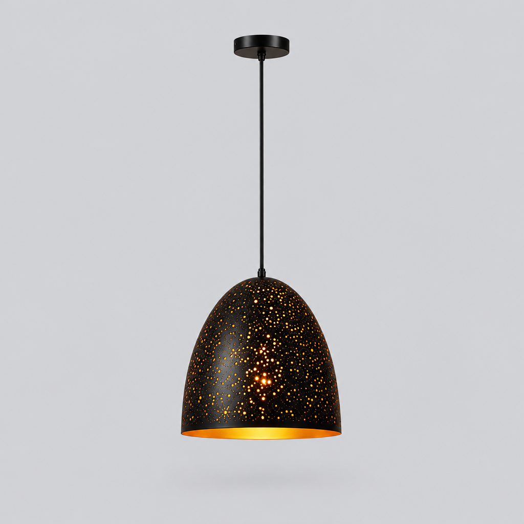 Lampa Wisząca Metalowa - Perforowany Abażur, Czarna z Miedzianym Wnętrzem, 7 Wzorów